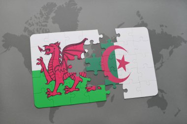 Galler ve Cezayir ulusal bayrak bir dünya haritası üzerinde ile bulmaca