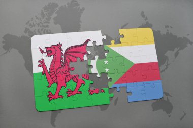 Komor Adaları ve Galler Ulusal bayrak bir dünya haritası üzerinde ile bulmaca