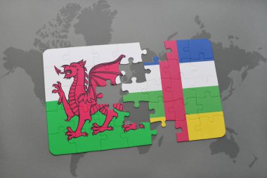 Galler ve Orta Afrika Cumhuriyeti ulusal bayrak bir dünya haritası üzerinde ile bulmaca