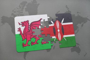 Galler ve kenya ulusal bayrak bir dünya haritası üzerinde ile bulmaca