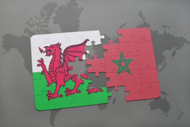 Galler ve Fas bir dünya haritası üzerinde ulusal bayrak ile bulmaca