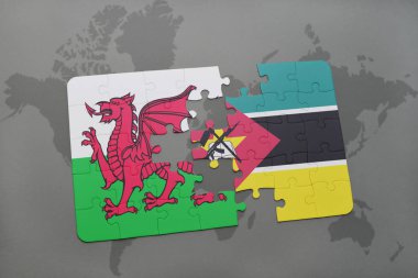 Galler ve Mozambik bir dünya haritası üzerinde bayrağı ile bulmaca