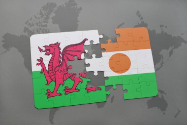 Nijer ve Galler Ulusal bayrak bir dünya haritası üzerinde ile bulmaca