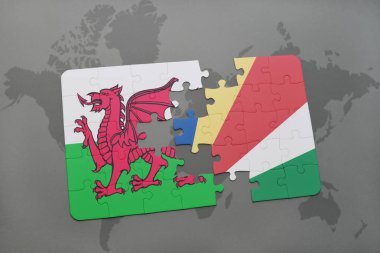 Galler ve Seyşeller ulusal bayrak bir dünya haritası üzerinde ile bulmaca