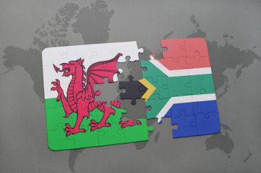 Galler ve Güney Afrika ulusal bayrak bir dünya haritası üzerinde ile bulmaca