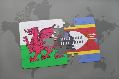 Svaziland ve Galler Ulusal bayrak bir dünya haritası üzerinde ile bulmaca
