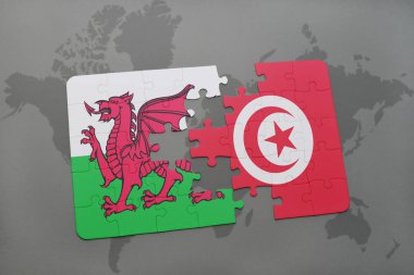 Galler ve Tunus bir dünya haritası üzerinde bayrağı ile bulmaca