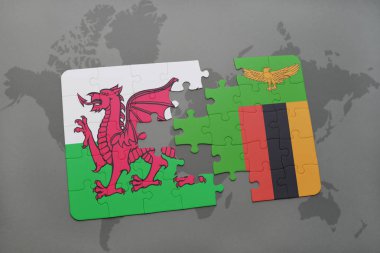 Galler ve Zambiya bir dünya haritası üzerinde bayrağı ile bulmaca