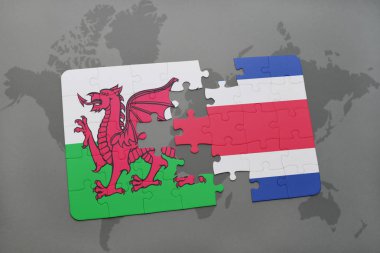 Kosta Rika ve Galler Ulusal bayrak bir dünya haritası üzerinde ile bulmaca