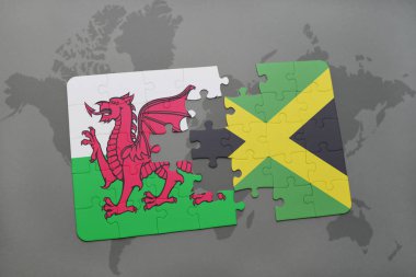 Galler ve Jamaika bir dünya haritası üzerinde bayrağı ile bulmaca