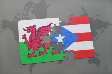 Galler ve Porto Riko bir dünya haritası üzerinde bayrağı ile bulmaca