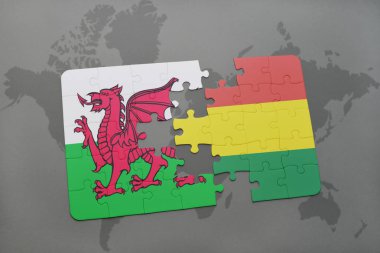 Galler ve Bolivya Ulusal bayrak bir dünya haritası üzerinde ile bulmaca