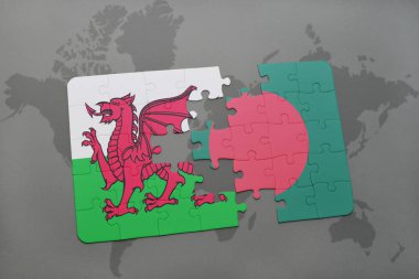 Galler ve Bangladeş Ulusal bayrak bir dünya haritası üzerinde ile bulmaca