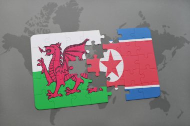 bir dünya haritası üzerinde Galler ve Kuzey Kore bayrağı ulusal ile bulmaca