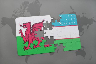 Galler ve Özbekistan'a bir dünya haritası üzerinde bayrağı ile bulmaca