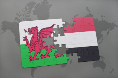 yemen ve Galler Ulusal bayrak bir dünya haritası üzerinde ile bulmaca