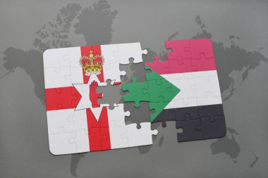 Kuzey İrlanda ve sudan bir dünya haritası üzerinde bayrağı ile bulmaca