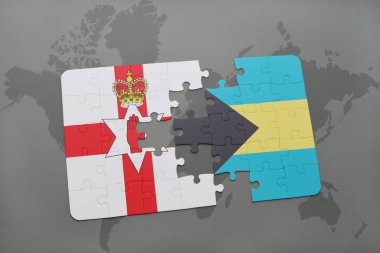 Kuzey İrlanda ve Bahamalar bir dünya haritası üzerinde bayrağı ile bulmaca