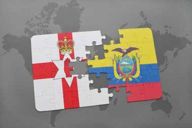 Kuzey İrlanda ve Ekvador ulusal bayrak bir dünya haritası üzerinde ile bulmaca