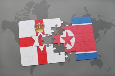 Kuzey İrlanda ve Kuzey Kore ulusal bayrak bir dünya haritası üzerinde ile bulmaca