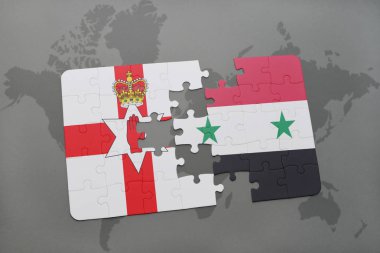 Kuzey İrlanda ve Suriye ulusal bayrak bir dünya haritası üzerinde ile bulmaca