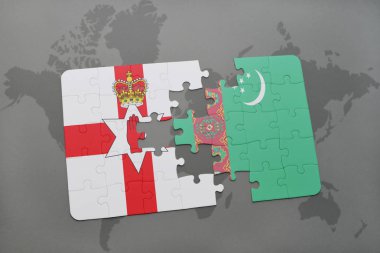 Kuzey İrlanda ve Türkmenistan ulusal bayrak bir dünya haritası üzerinde ile bulmaca