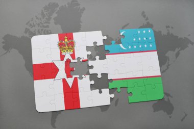 Kuzey İrlanda ve Özbekistan'a bir dünya haritası üzerinde bayrağı ile bulmaca