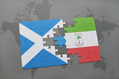 İskoçya ve Ekvator Ginesi ulusal bayrak bir dünya haritası üzerinde ile bulmaca