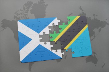 İskoçya ve Tanzanya bir dünya haritası üzerinde bayrağı ile bulmaca