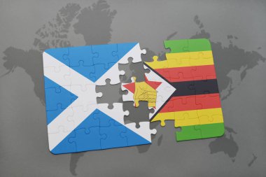 İskoçya ve Zimbabve Ulusal bayrak bir dünya haritası üzerinde ile bulmaca