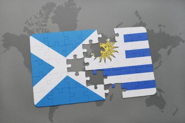 İskoçya ve uruguay ulusal bayrak bir dünya haritası üzerinde ile bulmaca