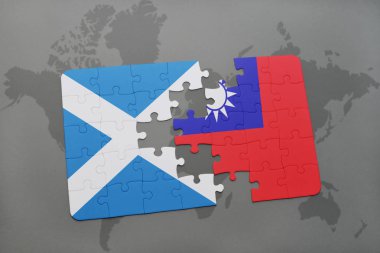 İskoçya ve Tayvan ulusal bayrak bir dünya haritası üzerinde ile bulmaca