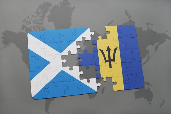 Bir dünya haritası üzerinde İskoçya ve barbados bayrağı ulusal ile bulmaca — Stok fotoğraf