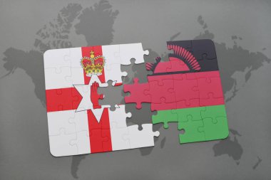 Kuzey İrlanda ve Malavi bir dünya haritası üzerinde bayrağı ile bulmaca