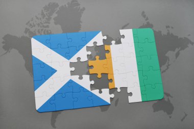 İskoçya ulusal bayrak ile bulmaca ve Fildişi Sahili bir dünya haritası üzerinde