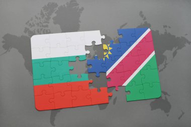 Bulgaristan ve Namibya ulusal bayrak bir dünya haritası üzerinde ile bulmaca