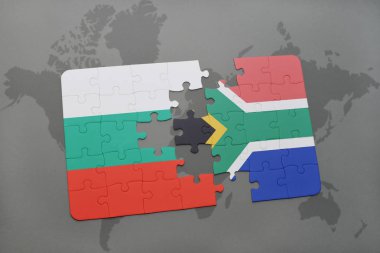 Bulgaristan ve Güney Afrika ulusal bayrak bir dünya haritası üzerinde ile bulmaca