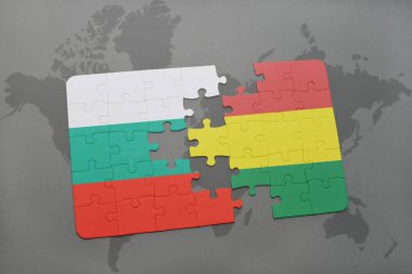 Bulgaristan ve Bolivya Ulusal bayrak bir dünya haritası üzerinde ile bulmaca