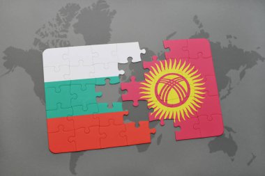 Bulgaristan ve Kırgızistan ulusal bayrak bir dünya haritası üzerinde ile bulmaca