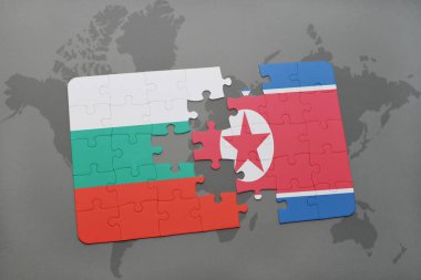 Bulgaristan ve Kuzey Kore ulusal bayrak bir dünya haritası üzerinde ile bulmaca