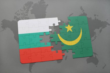 Bulgaristan ve Moritanya ulusal bayrak bir dünya haritası üzerinde ile bulmaca
