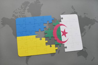 Ukrayna ve Cezayir ulusal bayrak bir dünya haritası üzerinde ile bulmaca
