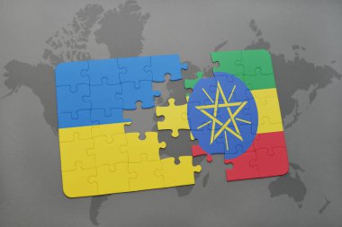 Ukrayna ve Etiyopya bir dünya haritası üzerinde bayrağı ile bulmaca