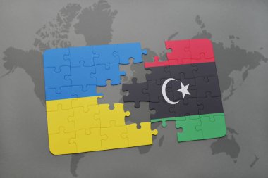 Ukrayna ve libya ulusal bayrak bir dünya haritası üzerinde ile bulmaca