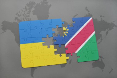 Ukrayna ve Namibya ulusal bayrak bir dünya haritası üzerinde ile bulmaca