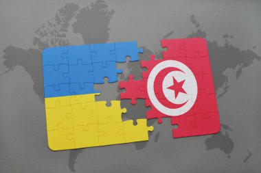 Ukrayna ve Tunus bir dünya haritası üzerinde bayrağı ile bulmaca