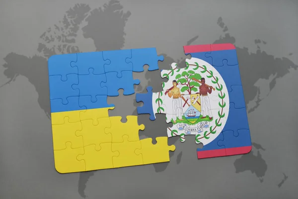Puzzle con la bandiera nazionale di Ucraina e belize su una mappa del mondo — Foto Stock