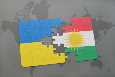 Ukrayna ve Kürdistan ulusal bayrak bir dünya haritası üzerinde ile bulmaca