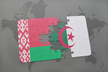 Beyaz Rusya ve Cezayir ulusal bayrak bir dünya haritası üzerinde ile bulmaca