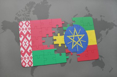 Beyaz Rusya ve Etiyopya bir dünya haritası üzerinde bayrağı ile bulmaca